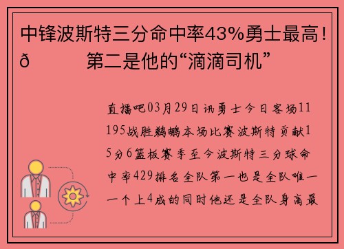 中锋波斯特三分命中率43%勇士最高！🚗第二是他的“滴滴司机”